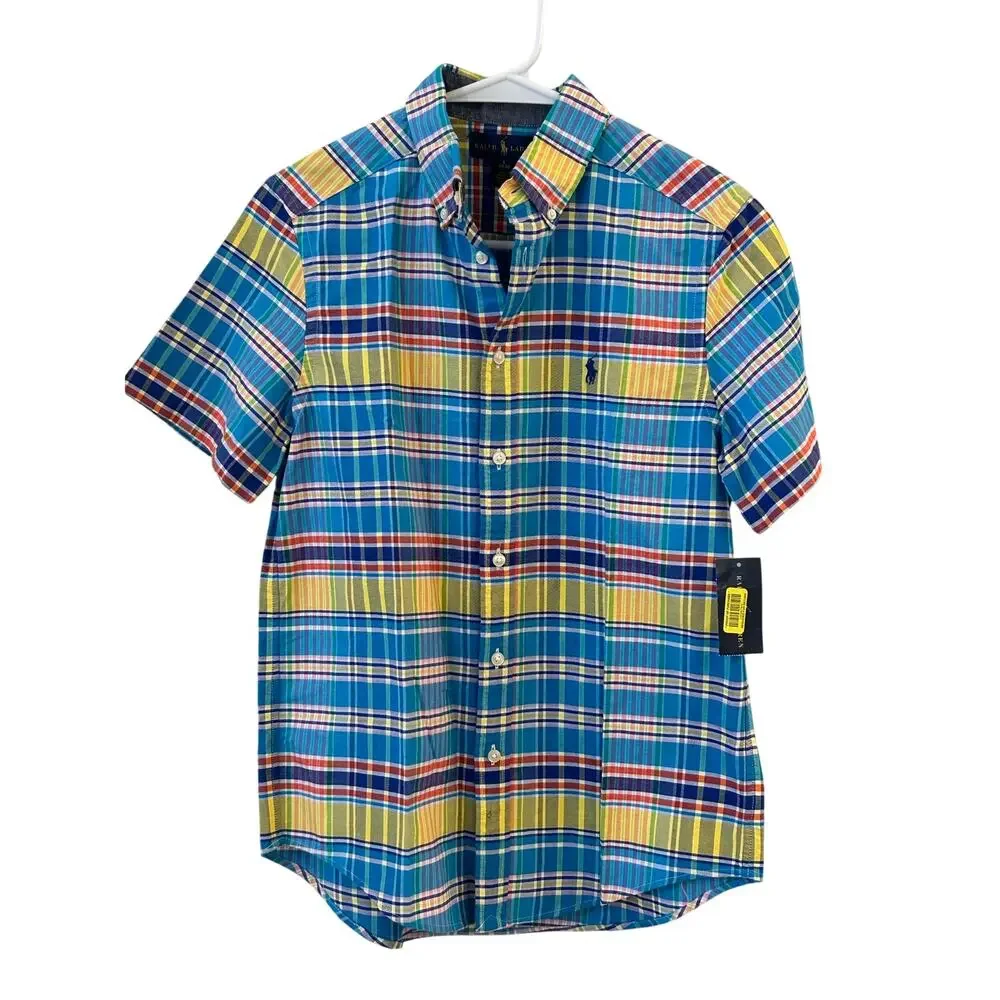 Ralph Lauren Boys Plaid Button Down NWT Size Large 14-16 Short Sleeve Cotton